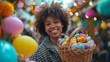 A cheerful woman with an Easter basket full of goods amid the colorful décor