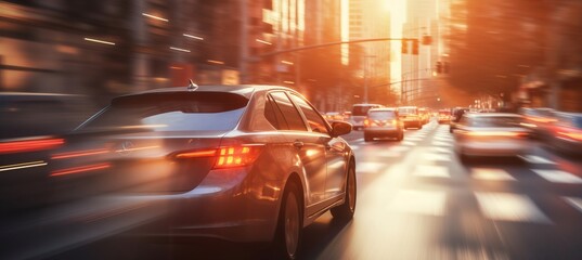 Wall Mural - Blurred bokeh effect  car driving through city with mesmerizing bokeh blur of buildings