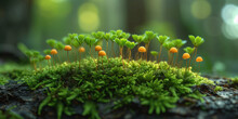 Explore The Minuscule World Of Moss That Thrives On Tree Bark, Giving Primary Focus To Its Small-scale Structures And Spore Reproduction.