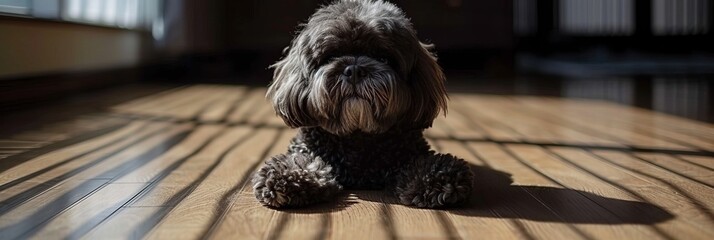 Small dog on two legs by window, waiting for owner indoors, with copy space, cozy atmosphere