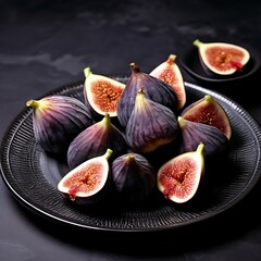 Wall Mural - Fresh figs on black plate, Dark background