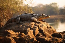Indian Marsh Crocodile Sunbathing In Ranganathittu Bird Sanctuary