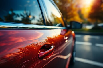 Side view of a red car with sunlight