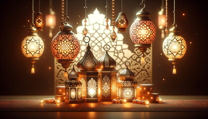 Wall Mural - experience the eid mubarak radiance with this ramadan lantern glow background, perfect for greeting 