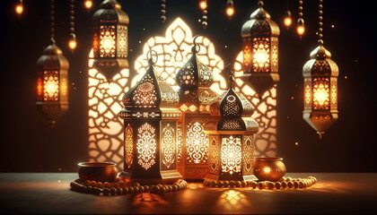 Wall Mural - experience the eid mubarak radiance with this ramadan lantern glow background, perfect for greeting 