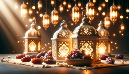 Wall Mural - experience the eid mubarak radiance with this ramadan lantern glow background with dates palm fruits