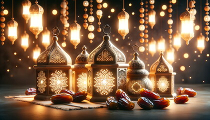 Wall Mural - experience the eid mubarak radiance with this ramadan lantern glow background with dates palm fruits