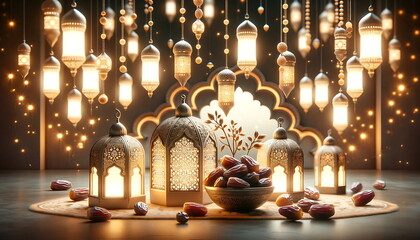 Wall Mural - experience the eid mubarak radiance with this ramadan lantern glow background with dates palm fruits
