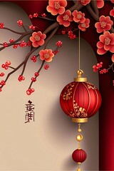 Wall Mural - Red decorated Chinese lantern and branches with colorful buds. Chinese New Year celebrations.