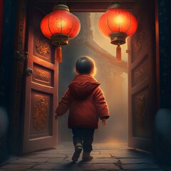 Wall Mural - A little girl walking out through a wooden door in the middle of two red Lanterns. Chinese New Year celebrations.