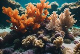 Fototapeta Do akwarium - AI generated illustration of underwater scene showcasing vibrant corals and a tiny fish