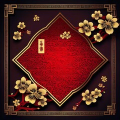 Poster - Red card with space for your own content cherry blossom decoration. Chinese New Year celebrations.