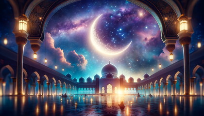 Wall Mural - enchanting ramadan crescent under the mesmerizing night sky, silhouetted mosque background