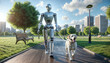 Humanoid AI robot walks dog in sunlit park, showcasing a futuristic concept of technology integrated into everyday life.