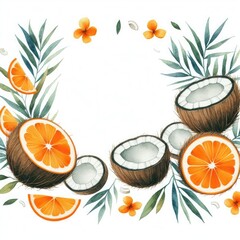 Wall Mural - vibrant watercolor illustrations: plants, fruits, cosmetics, and ingredients, featuring coconut and orange, on a white background