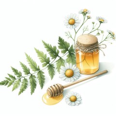 Wall Mural - Colorful Watercolor Illustrations: Plants, Fruits, Cosmetics, and Ingredients, Featuring Lemon, Honey, Chamomile, and Green Tea on a White Background