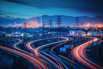 Wall Mural - Night view of a highway and industrial area with light trails