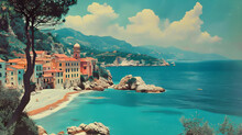 Retro Italian Landscape Vintage Postcard From Sunny Italy With A 1970s Vibe, Perfect For Travel And Tourism Promotions.