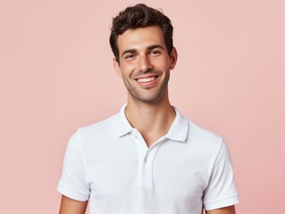 Wall Mural - Portrait of a Handsome Young Man Smiling in a White Polo. Generative AI.