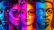 © Lila Patel - Collage: A Collection of Close-Up Portraits Featuring Various People, Men, and Women, Gazing at the Camera Against a Multicolored Background Illuminated by Neon Light. Vibrant Mix of Human Emotions