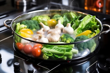 Delicious Stir-Fry: Green Cuisine with Broccoli and Vegetables, Cooked on a Hot Stove.