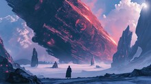 Illustration Fantasy Landscape With Red Rocks And Woman, Ai Generative