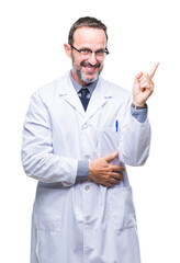 Sticker - Middle age senior hoary professional man wearing white coat over isolated background with a big smile on face, pointing with hand and finger to the side looking at the camera.