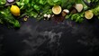Green salad with leaves, vegetables, seeds, and olive oil on black stone   top view, space for text