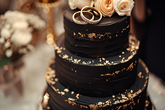 Black wedding cake decorated with wedding rings and flowers