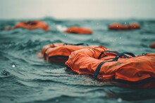 Orange Life Jacket Floating In Sea. Emergency Rescue Equipment. The Disaster Of The Ship Sinking And Life Jackets Floating Unused
