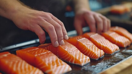 Close up of a hands preparing Salmon, Generate by AI