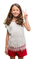 Poster - Brunette hispanic girl showing and pointing up with fingers number two while smiling confident and happy.