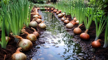Delve Into The Heart Of A Thriving Onion Field. Close Up View Of Onion Plants In Rows, Showcasing The Essence Of Gardening With A Detailed Focus On Onion Bulbs.