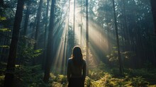 Woman Facing Away, Standing In A Dense Forest With Sunlight Filtering Through The Tall Trees Generative Ai