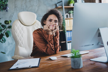 Poster - Portrait of lazy bored secretary young girl sit chair hands touch cheeks desk workplace office indoors