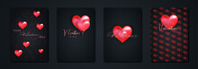 Happy Valentines Day Set Greeting Card. Red Bubbles Hearts On Black Background. Holiday Posters With Gold Rose Text, Jewels. Concept For Valentines Banner, Flyer, Party Invitation, Jewelry Gift Shop