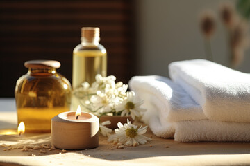 Spa treatment and beauty items on table in spa room