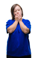 Poster - Young adult woman with down syndrome over isolated background shocked covering mouth with hands for mistake. Secret concept.