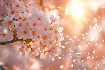  A close-up of a cherry blossom tree in soft sunlight with petals falling gently Cherry tree blossom in spring . Cherry blossom tree in bloom flowering macro detail