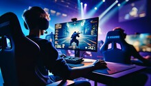 Gamer Focused On Screens, Outlined In Blue And Purple Light. 