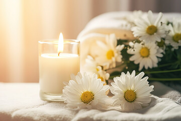 Spa decoration with candle daisies white flowers in spa room