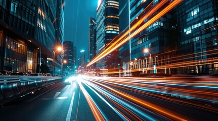 Light trails on the modern building background. Light trails at night in urban environment, Abstract Motion Blur City, traffic, transportation, street, road, speed