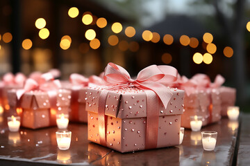 Wall Mural - Pink gift box with pink bow and candles on the background of bokeh effect.