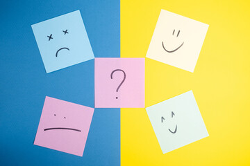 Wall Mural - Paper cards with various emoticons on a colored background, banner and place for text. Conceptual image of positive thinking and satisfaction level