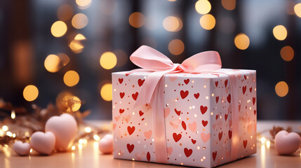 Wall Mural - Pink gift box with red hearts and pink bow on the background of bokeh effect.