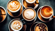 Dive into a rich tapestry of coffee and cappuccino types against a dark background. This enticing image captures the diverse world of coffee delights.