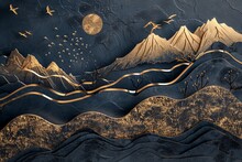 3d Modern Art Mural Wallpaper With Dark Blue And Golden Wave Background. Mountains, Golden Deer And Birds. Gold On A Dark Blue Backdrop Background