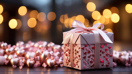 Wall Mural - Pink gift box with red hearts and pink bow on the background of bokeh effect.