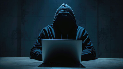 Silhouette of a mysterious figure in a hoodie, facing away from the camera, illuminated by the blue light of a laptop screen in a dark room