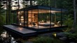 Outdoor forest rental cabin house, luxury glass cabin accommodation in the wild. Modern villa architecture lodging design.
